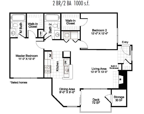 Floor plan for 2 beds, 2 baths, 1000 sqft